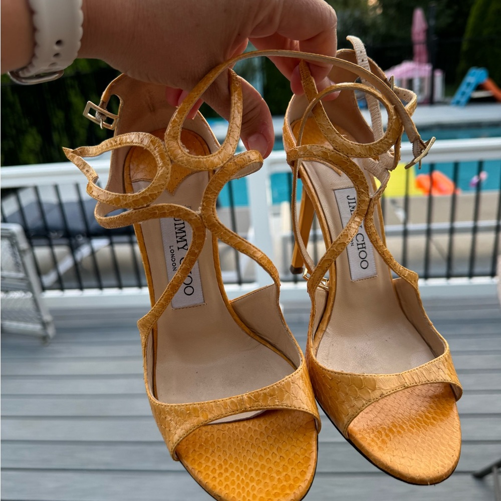 Jimmy Choo Mustard Yellow Strappy Leather High Heel Sandals